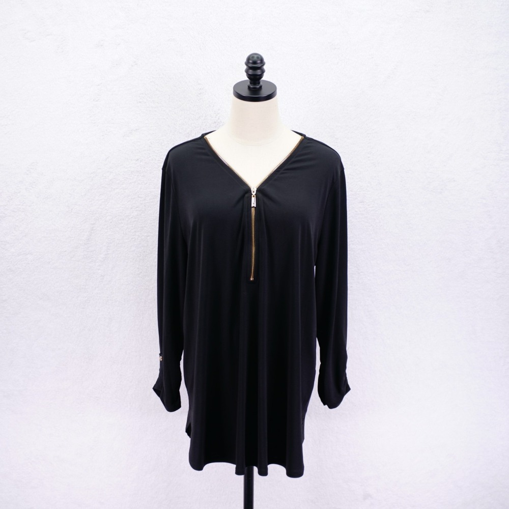 JM Collection XL Black Long Sleeve Roll Tab Cuff V-Neck Half Zip Blouse Top Span